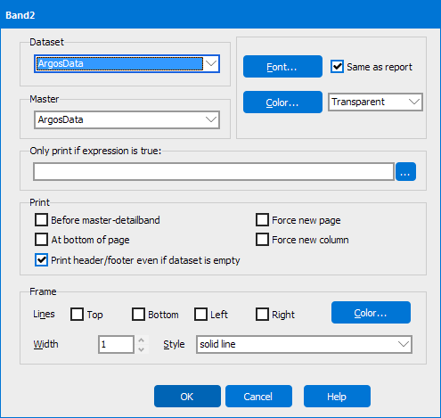 This image shows the dialog that is displayed when adding a sub-detail band.  Numerous options are available for configuring the band.